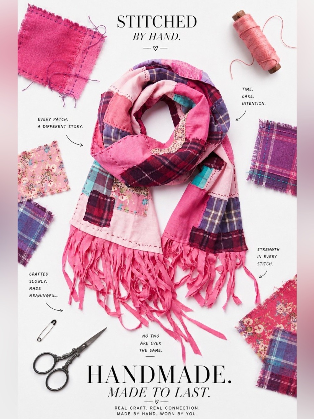 Hand Crafted Pink and Purple Patchwork Fringe Scarf